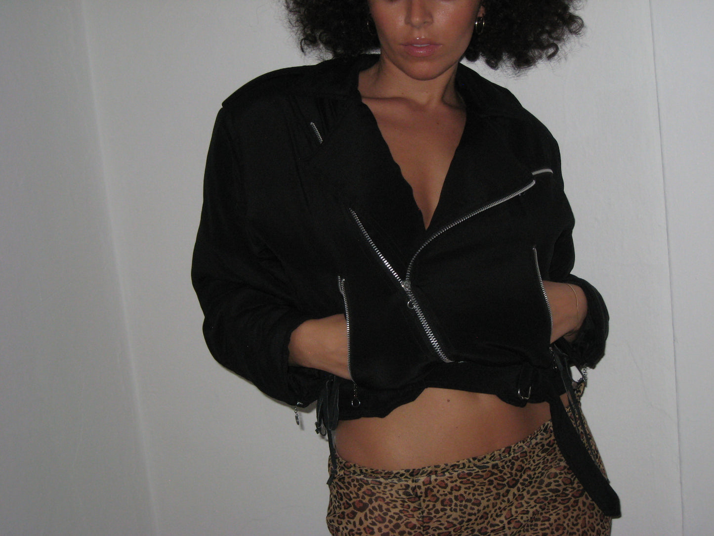 Cropped Puffer Motorcycle Jacket in Silk