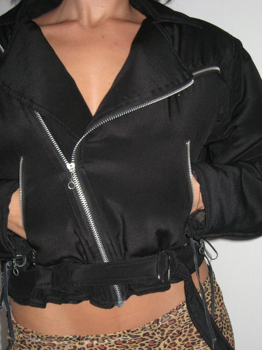 Cropped Puffer Motorcycle Jacket in Silk