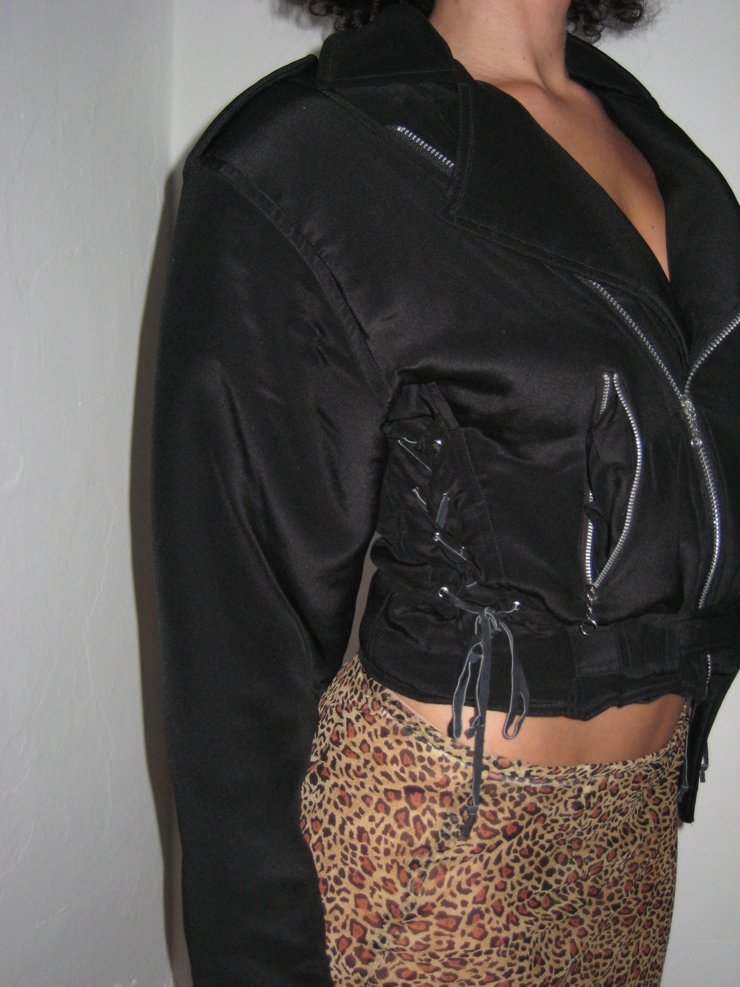 Cropped Puffer Motorcycle Jacket in Silk