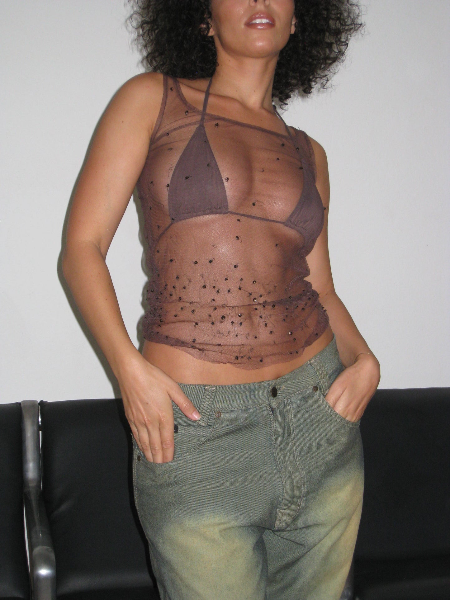 Sheer Brown Beaded Tank