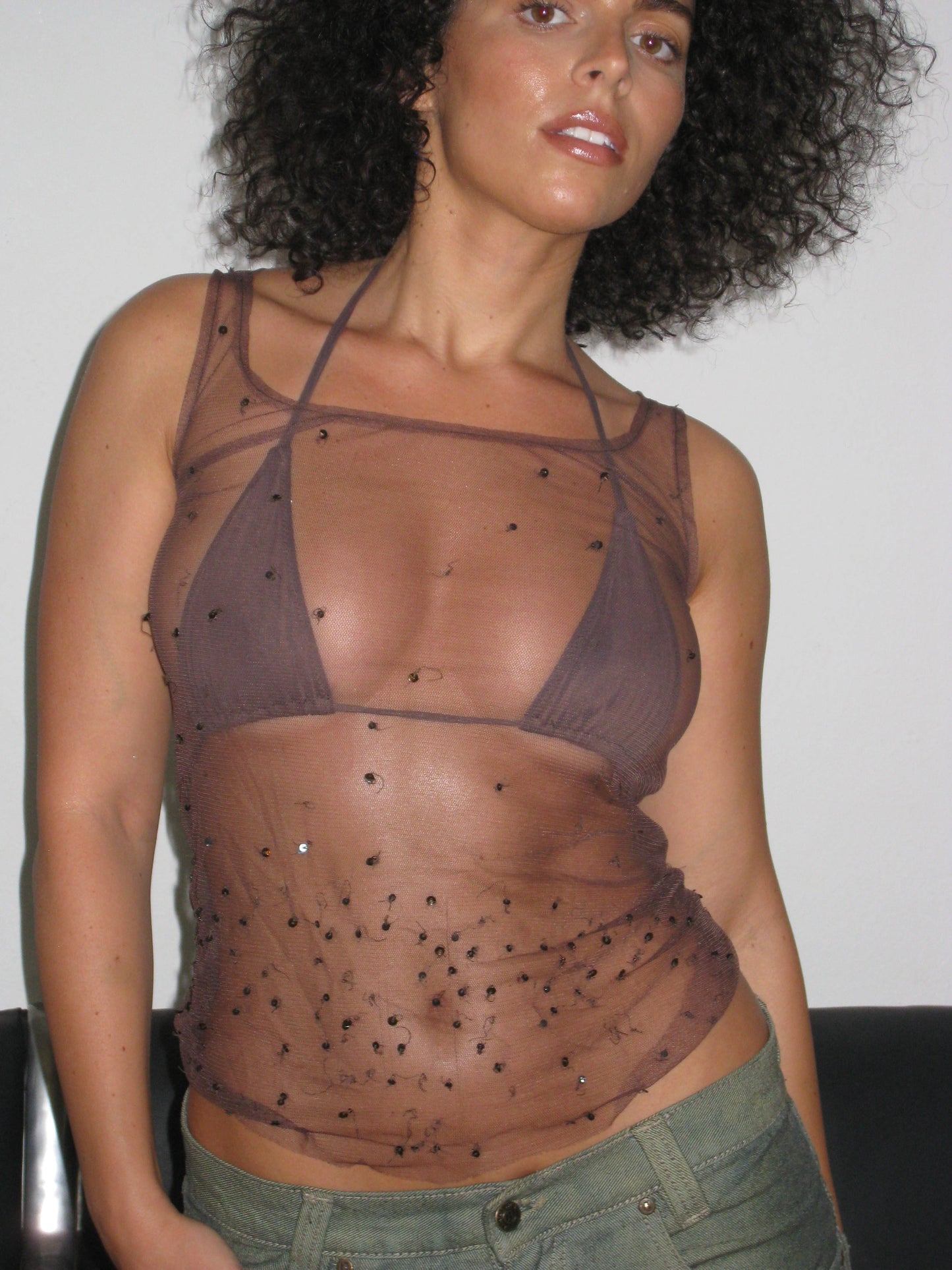 Sheer Brown Beaded Tank