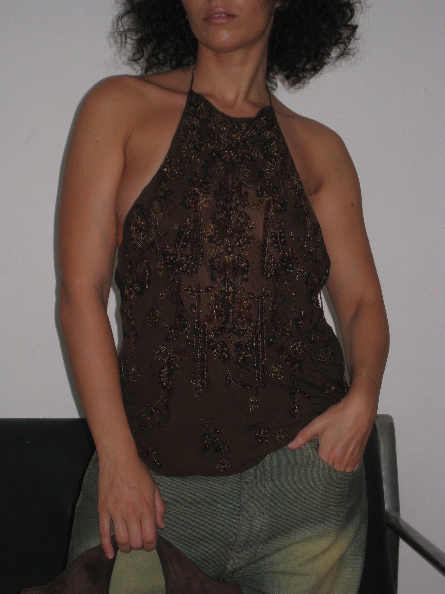 Silk Beaded Chocolate Halter Top