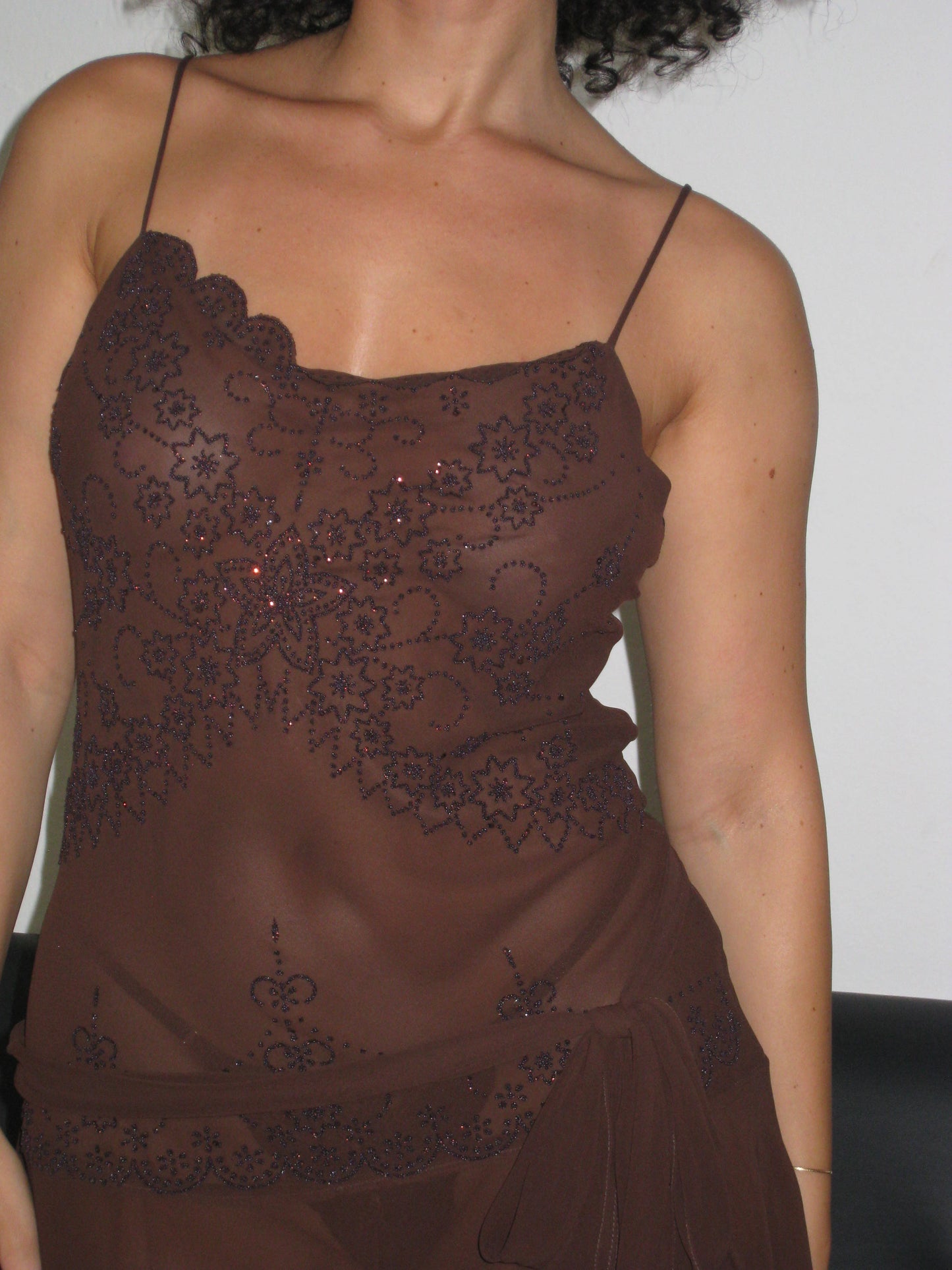 Scalloped Brown Mini Dress with Ruffles