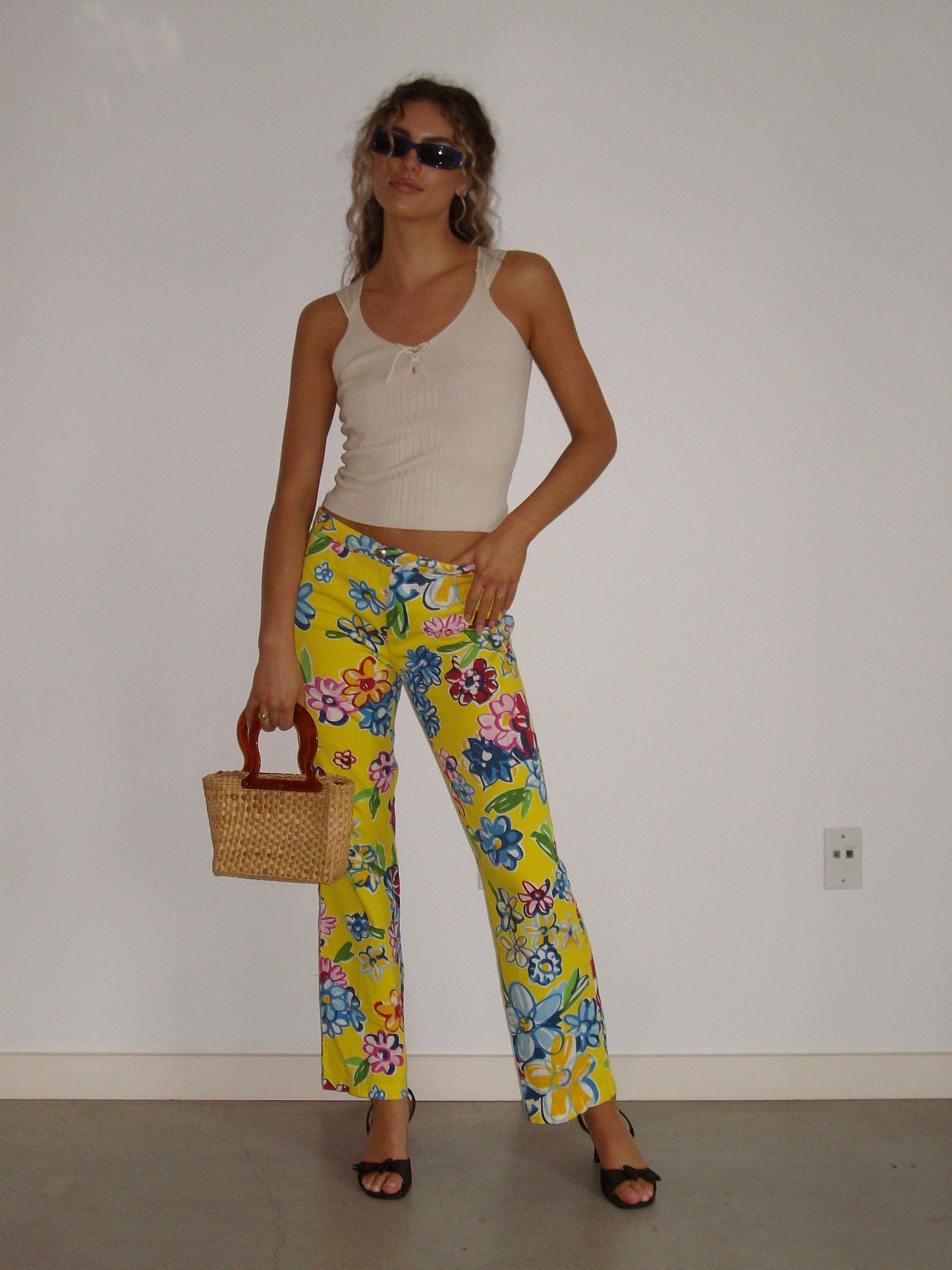 Vintage Moschino Bootcut Jeans in Yellow Floral Print