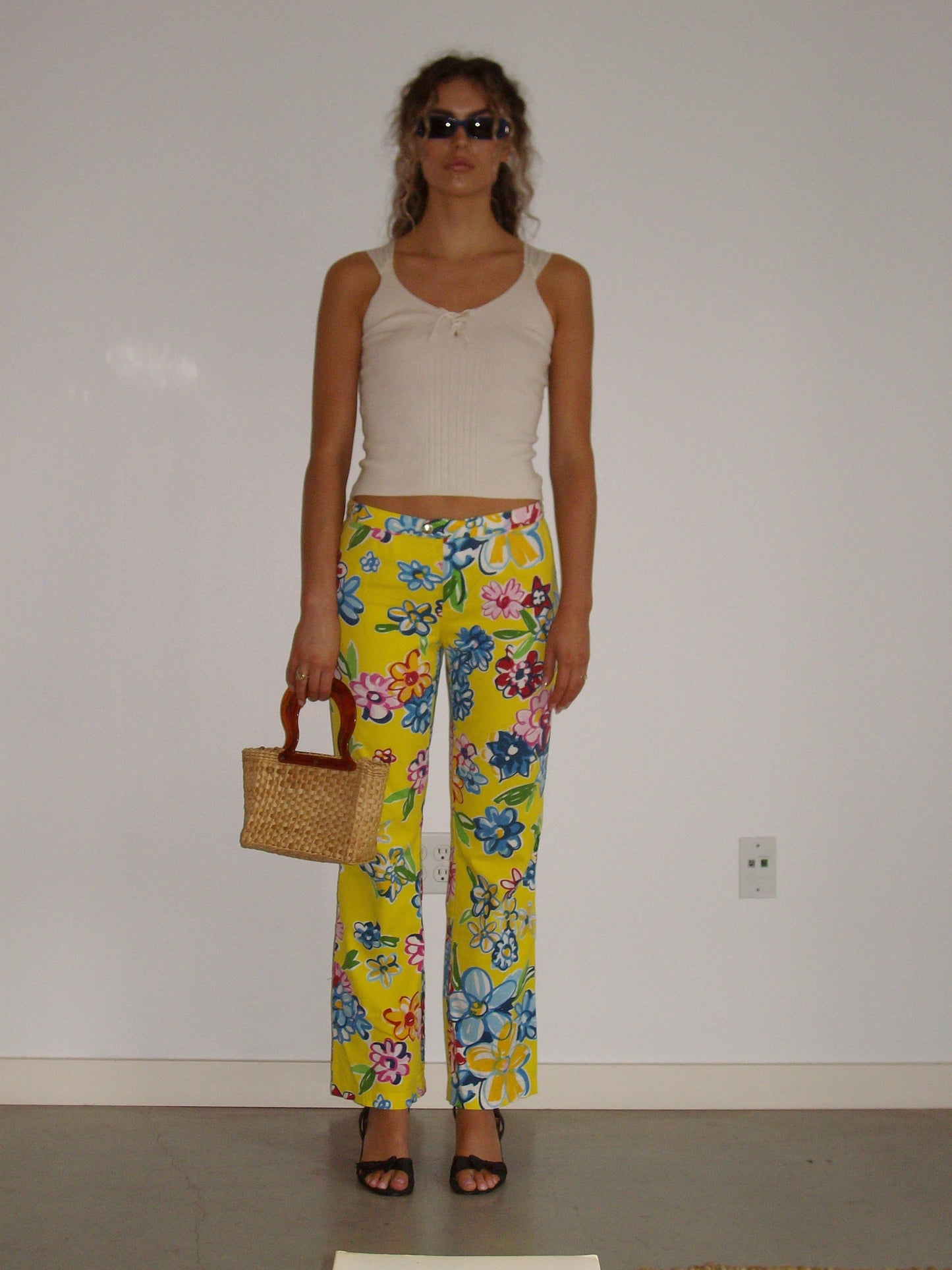 Vintage Moschino Bootcut Jeans in Yellow Floral Print