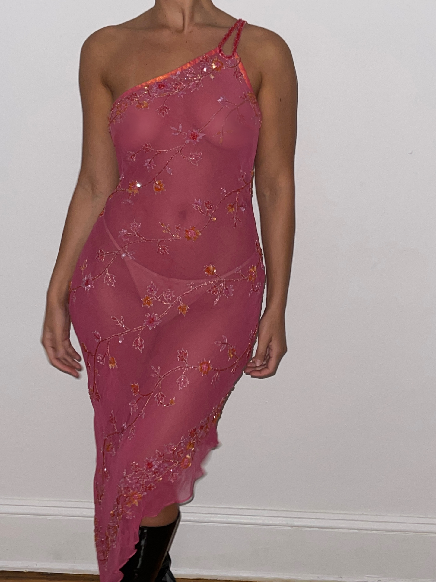 Pink Beaded One-Shoulder Silk Dress