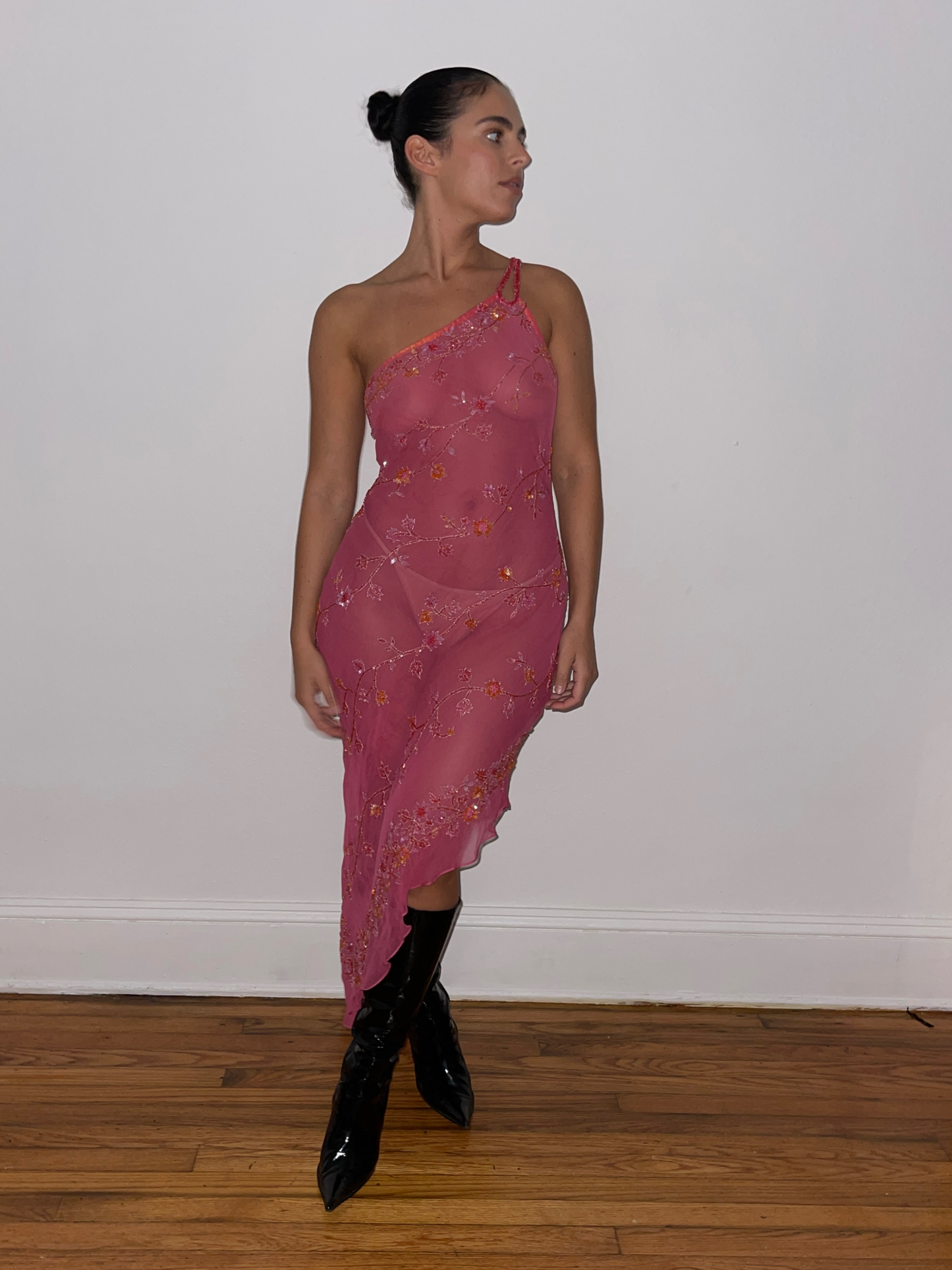 Pink Beaded One-Shoulder Silk Dress