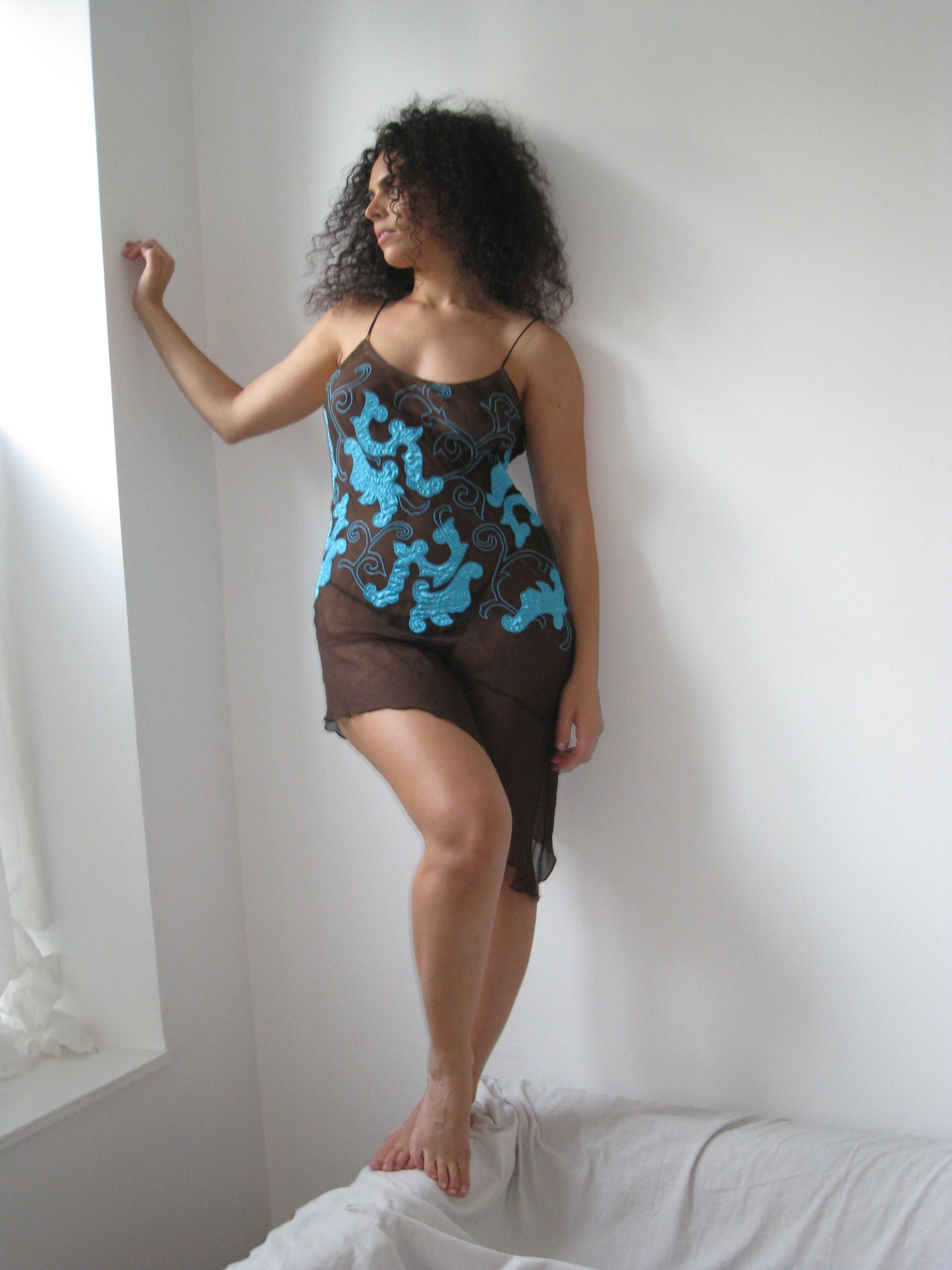 Brown Silk Mini Dress with Blue Appliqué