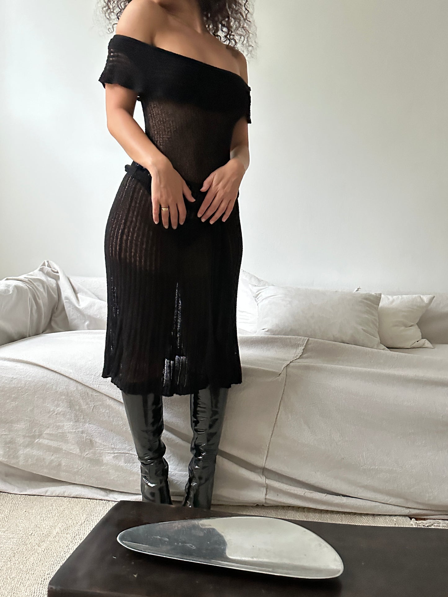 Vintage Knit Off The Shoulder Midi Dress