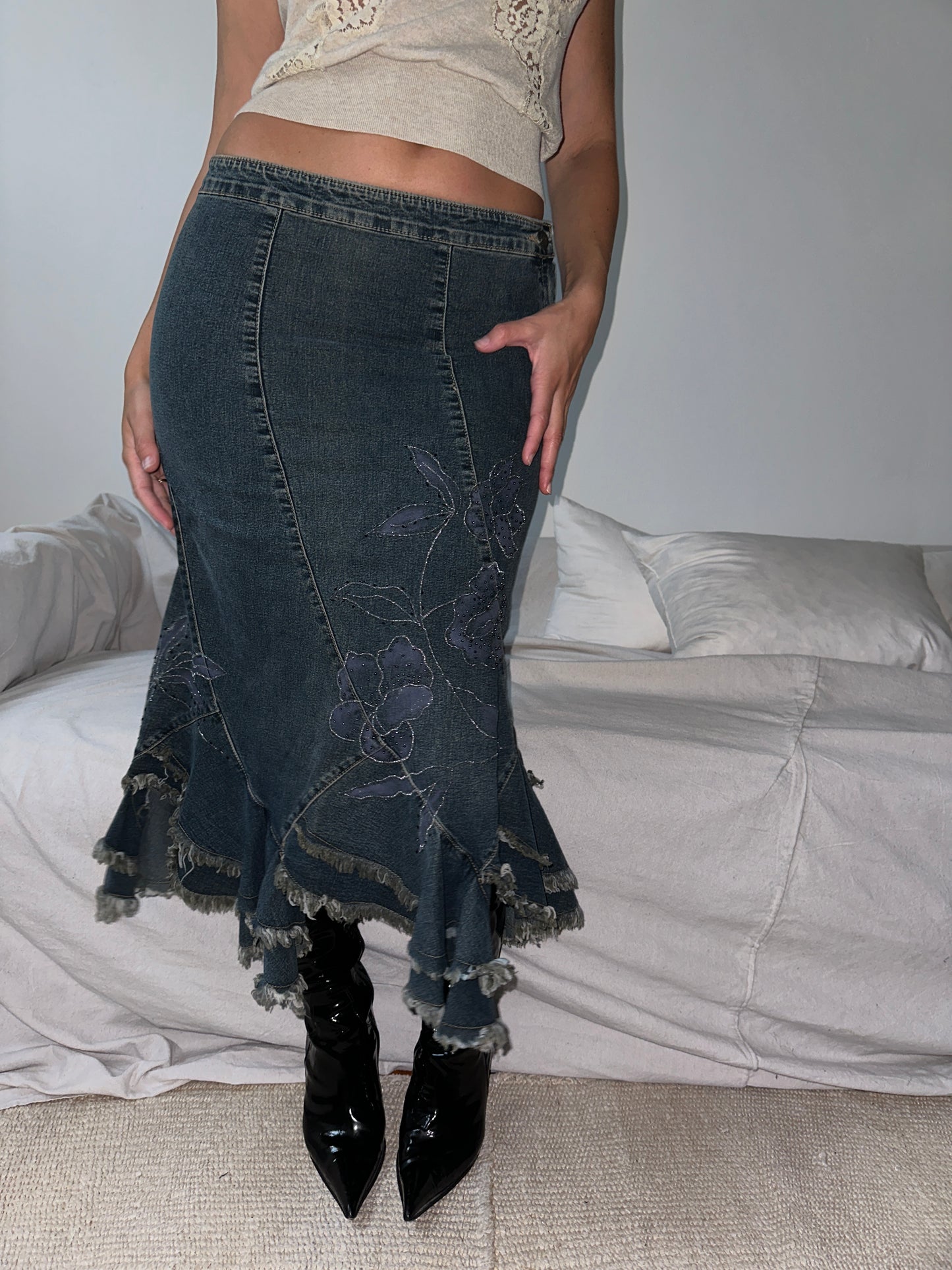 Vintage Beaded Denim Midi Skirt